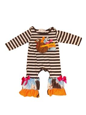 Striped Black & White Baby One-Piece with Colorful Bird Appliqué